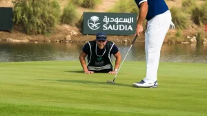 Golfer managing golf performance anxiety with caddy support while putting in Jeddah