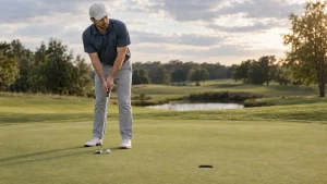 Golfer using positive golf self talk to stay focused on the course
